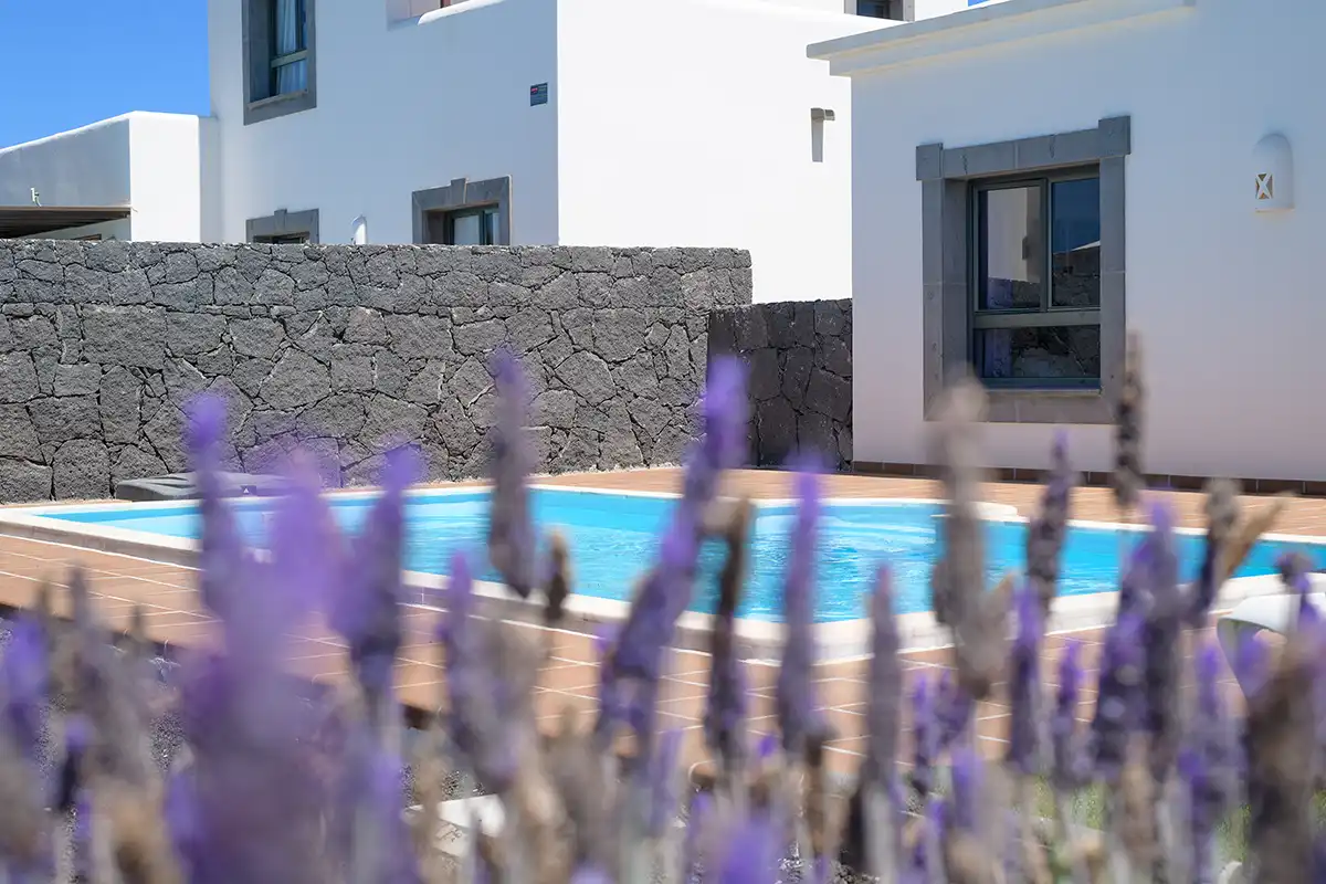 Perspectiva de la piscina tomada desde la zona ajardinada en Hipoclub Villa Aguamarina 30