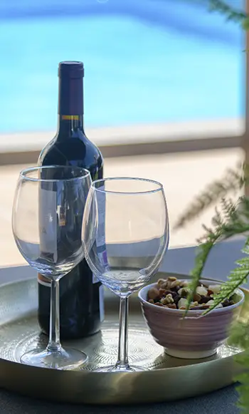 Wein auf der Terrasse der Villa Aguamarina 25 Wein und Nüsse auf der Terrasse der Hipoclub Villa Aguamarina 25