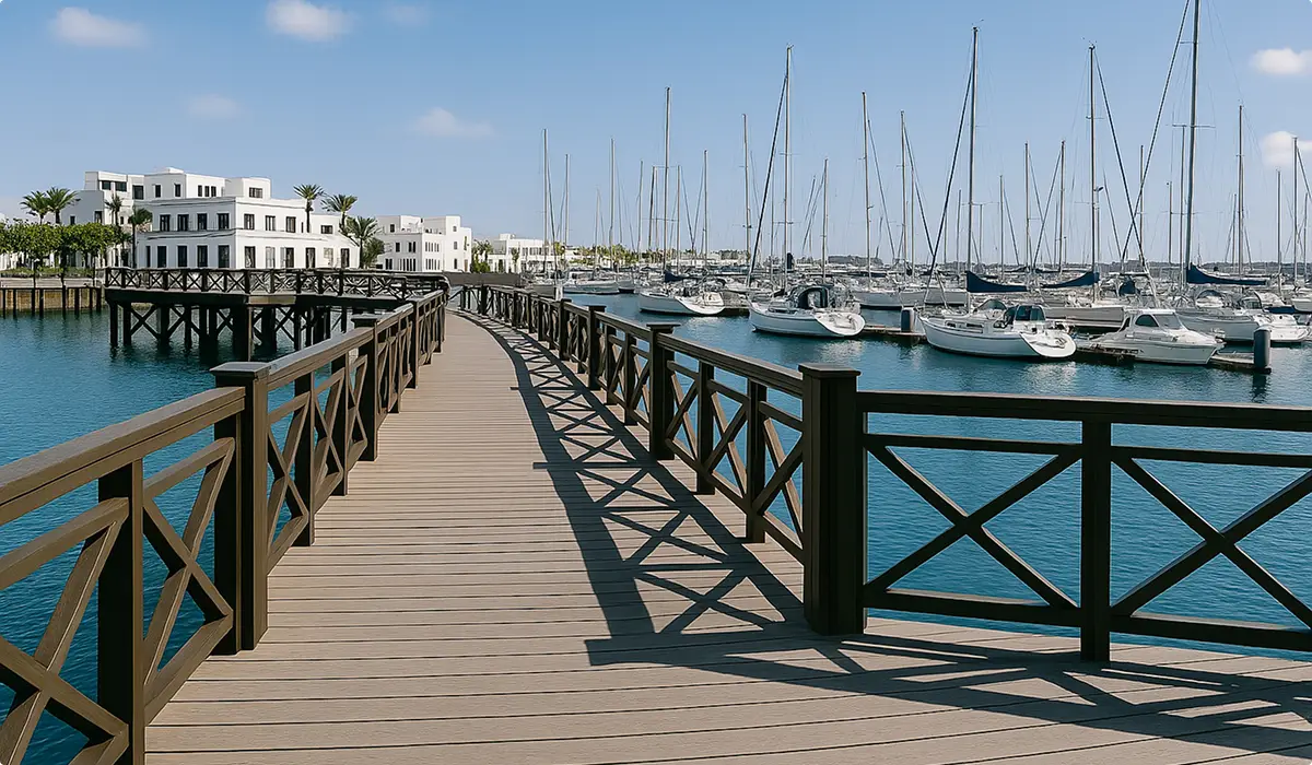 Holzbrücke für Fußgänger in der Marina Rubicón in Playa Blanca