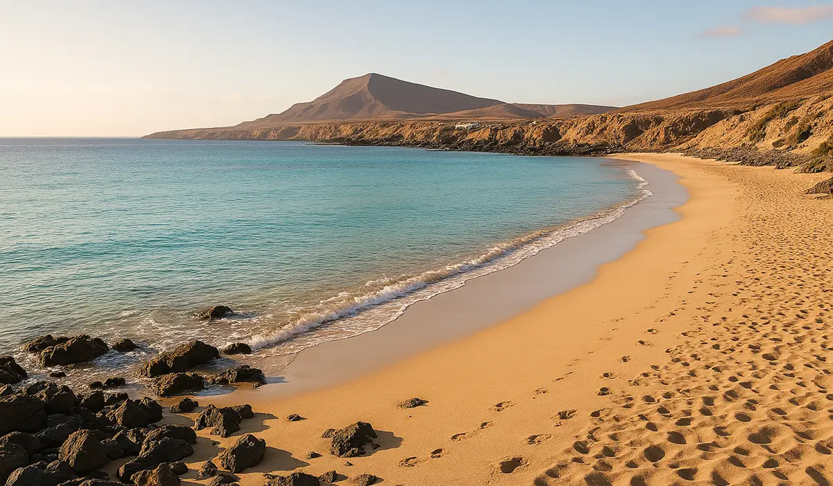 Strand mit Blick auf die Montaña Roja im Hintergrund